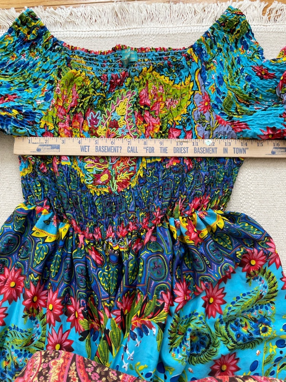 Antica Sartoria Floral Smocked Beaded Long Dress O/S Ruffle Colorful Italy Euro - Picture 7 of 9